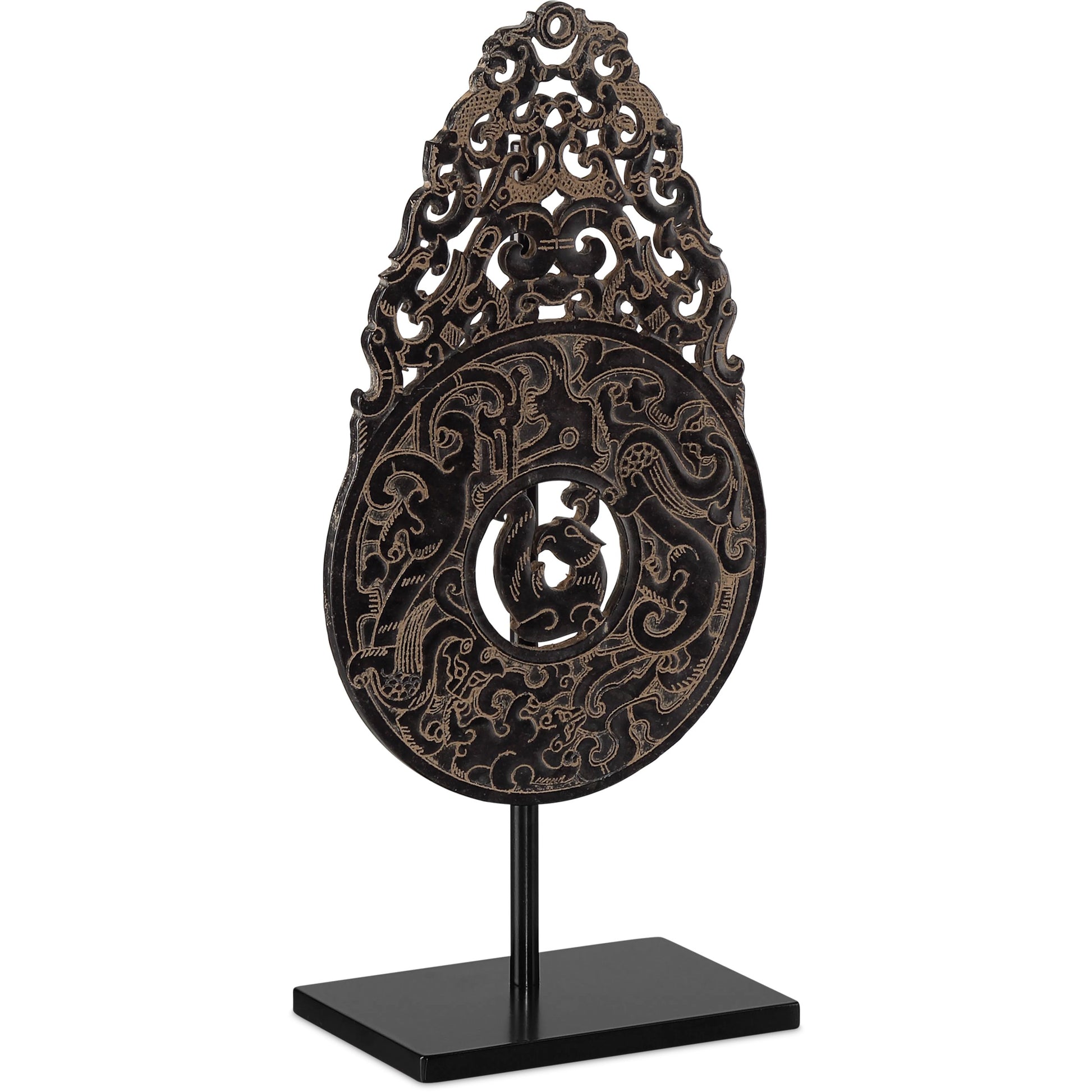 Han Dynasty Jade Symbol by Currey and Company in bronze, black. Made from stoneware, metal in a eclectic & global style.