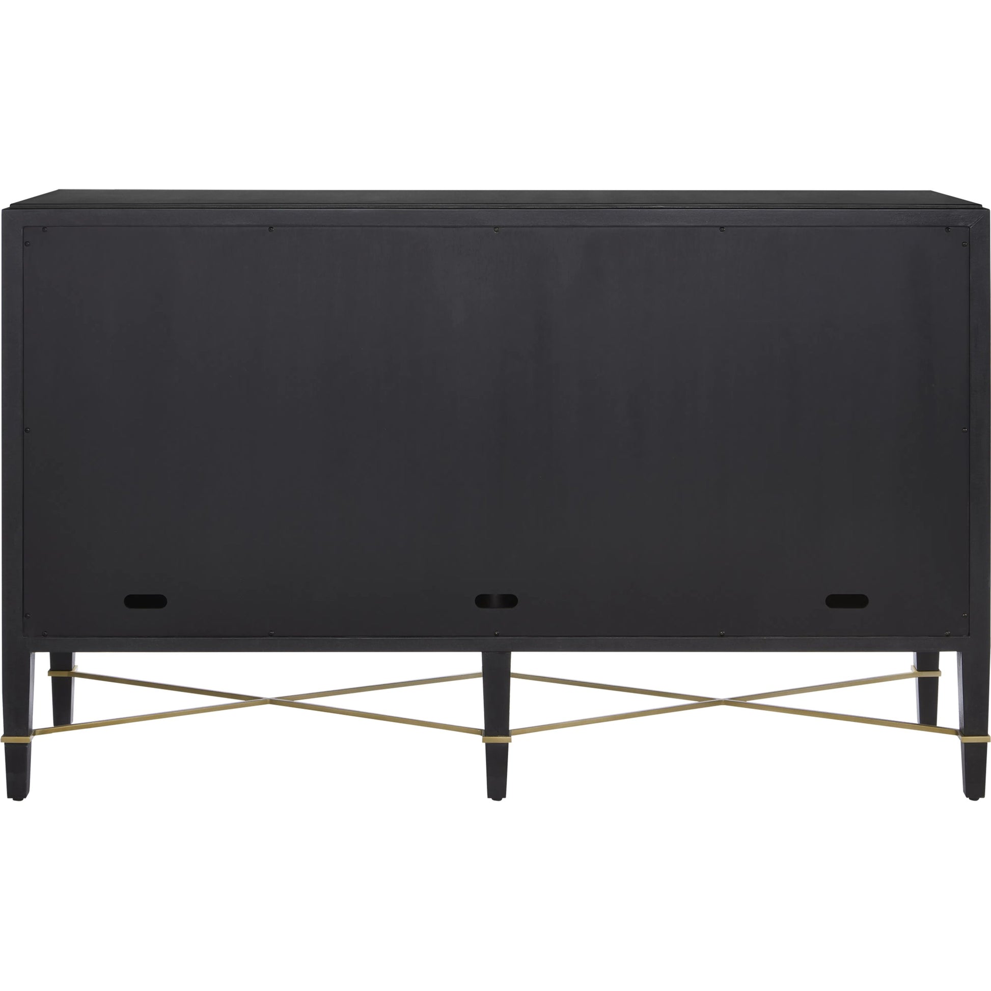 Verona Sideboard by Currey and Company in black lacquered linen, champagne stretchers, linen wrapped cha. Made from solid wood, engineered hardwood in a transitional style.