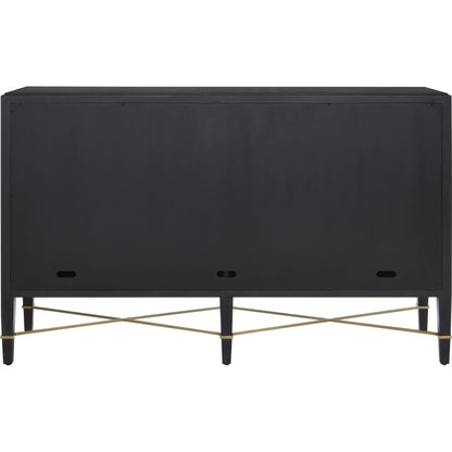 Verona Sideboard by Currey and Company in black lacquered linen, champagne stretchers, linen wrapped cha. Made from solid wood, engineered hardwood in a transitional style.