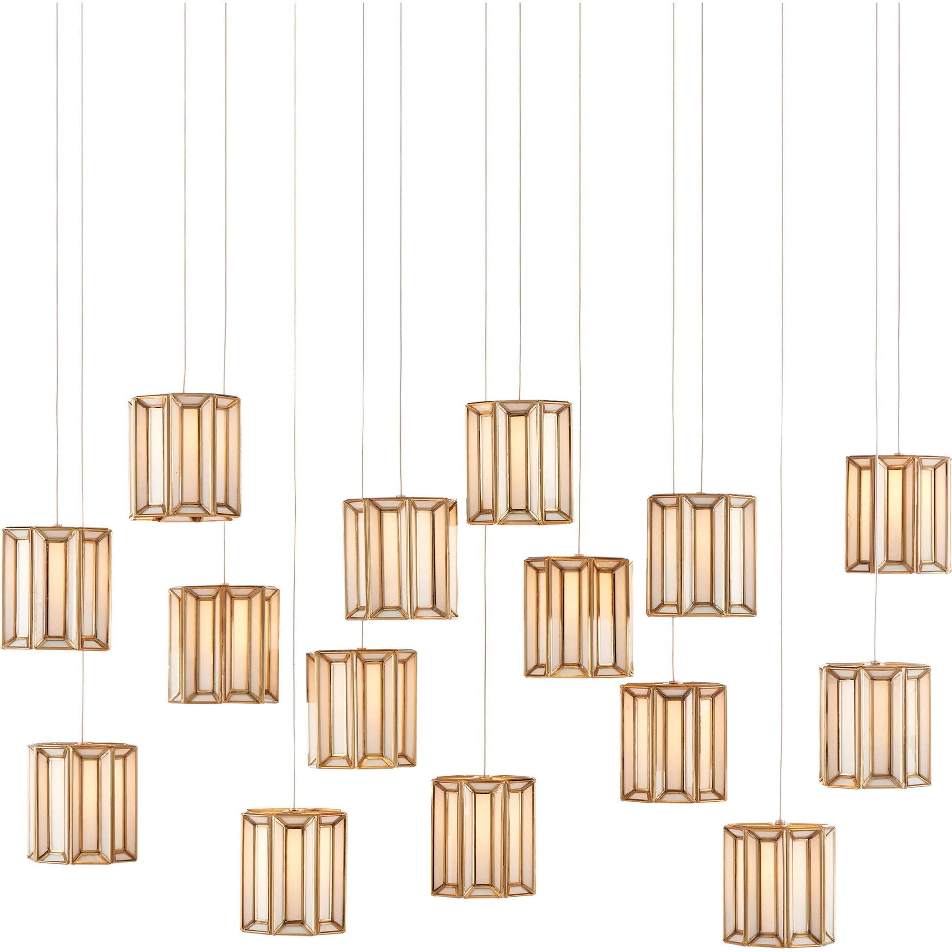 Daze Rectangular 15-LIGHT Multi-Drop Pendant by Currey and Company in antique brass, white, painted silver. Made from frosted glass in a modern style.