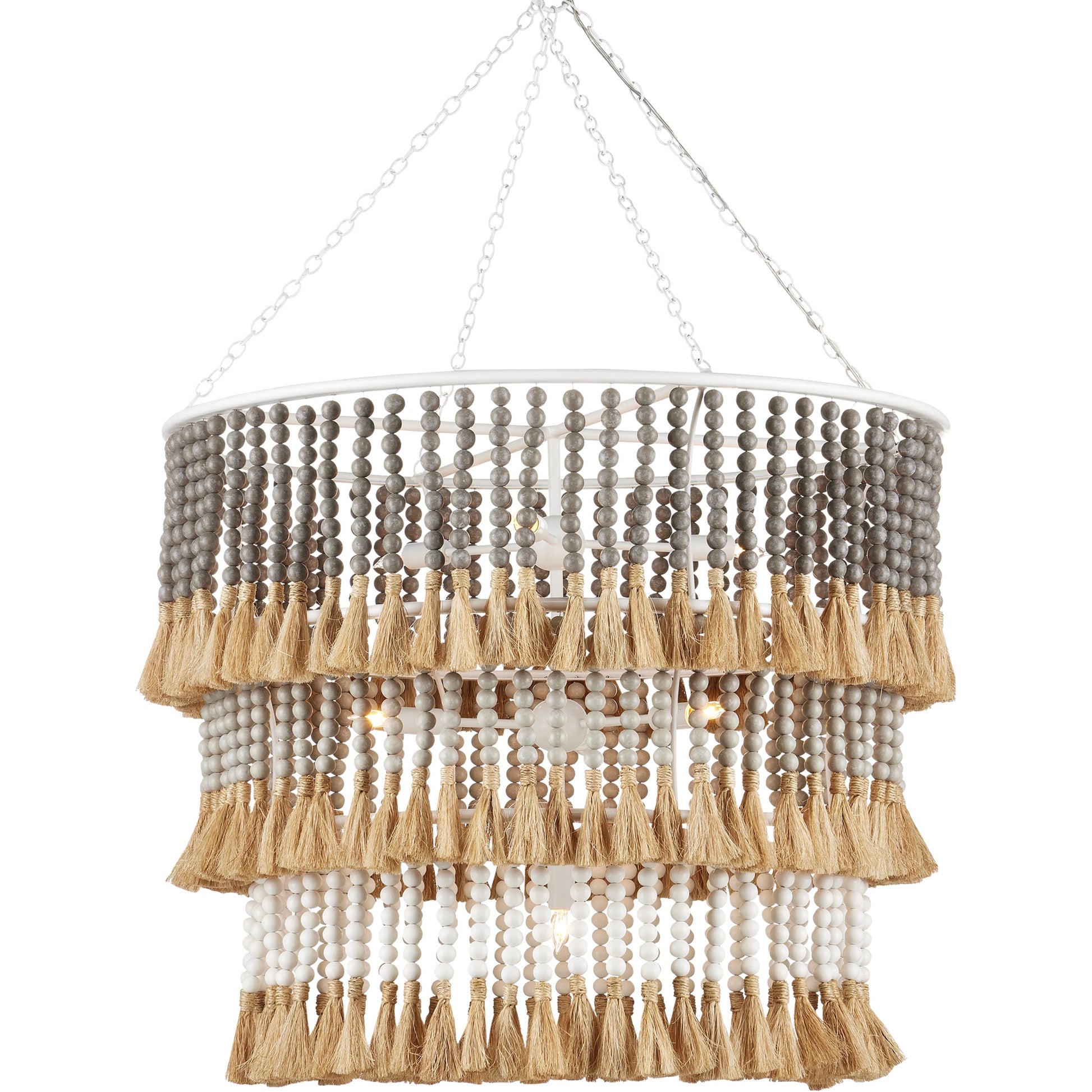 St. Barts Chandelier by Currey and Company in mist blue, demin blue. Made from wrought iron, wood beads, abaca rope in a coastal style.