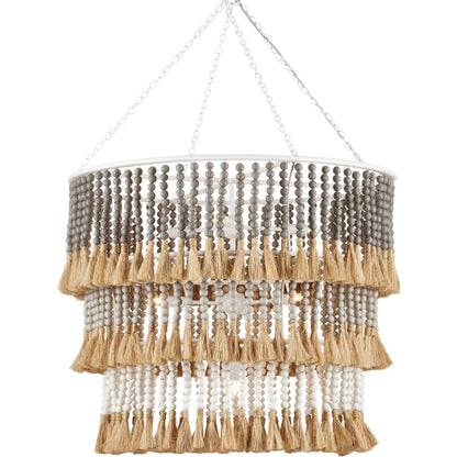 St. Barts Chandelier by Currey and Company in mist blue, demin blue. Made from wrought iron, wood beads, abaca rope in a coastal style.