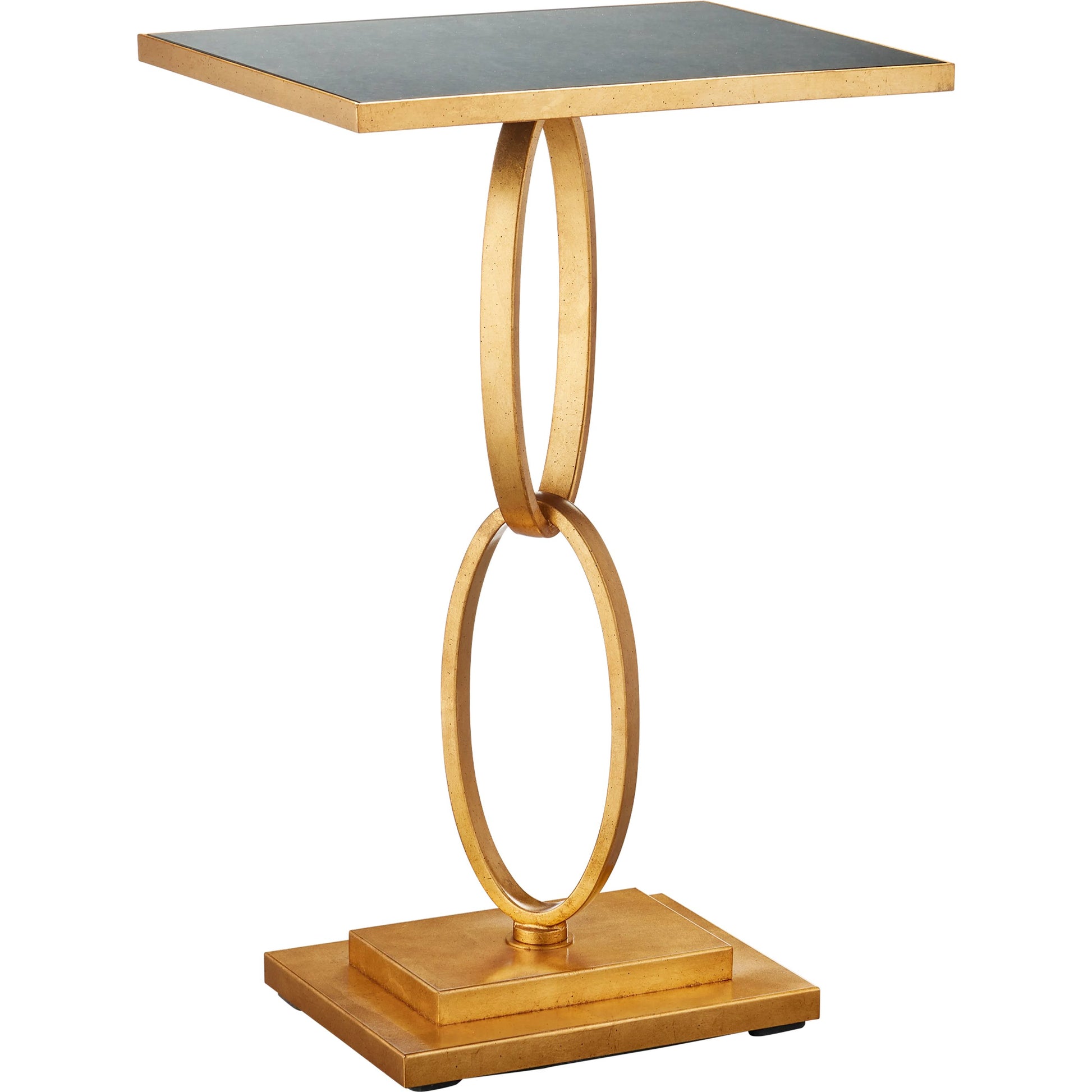Bangle Accent Table by Currey and Company in gold leaf. Made from iron, glass in a modern style.