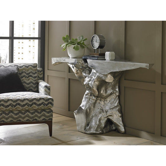 Crown Console by Phillips Collection in silver and silver leaf. Made from resin in a modern style.