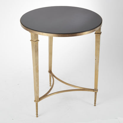 Round French Square Leg Table by Global Views in brass. Made from brass, granite in a transitional style.