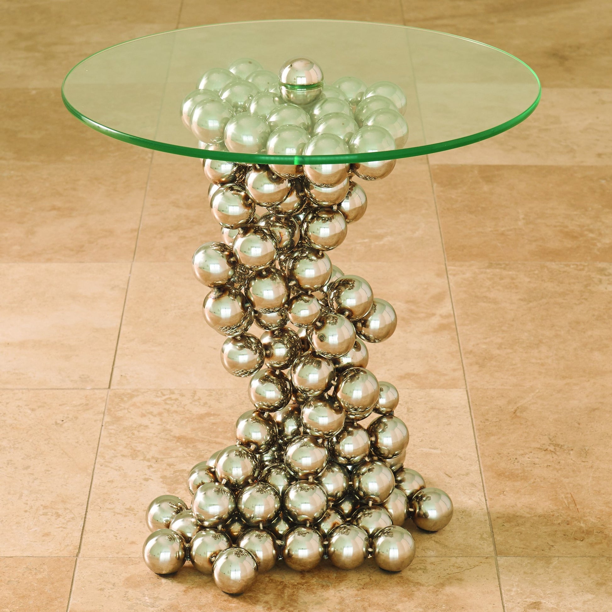Sphere Table by Global Views in nickel. Made from steel, tempered glass in a modern style.
