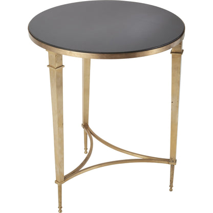 Round French Square Leg Table by Global Views in brass. Made from brass, granite in a transitional style.