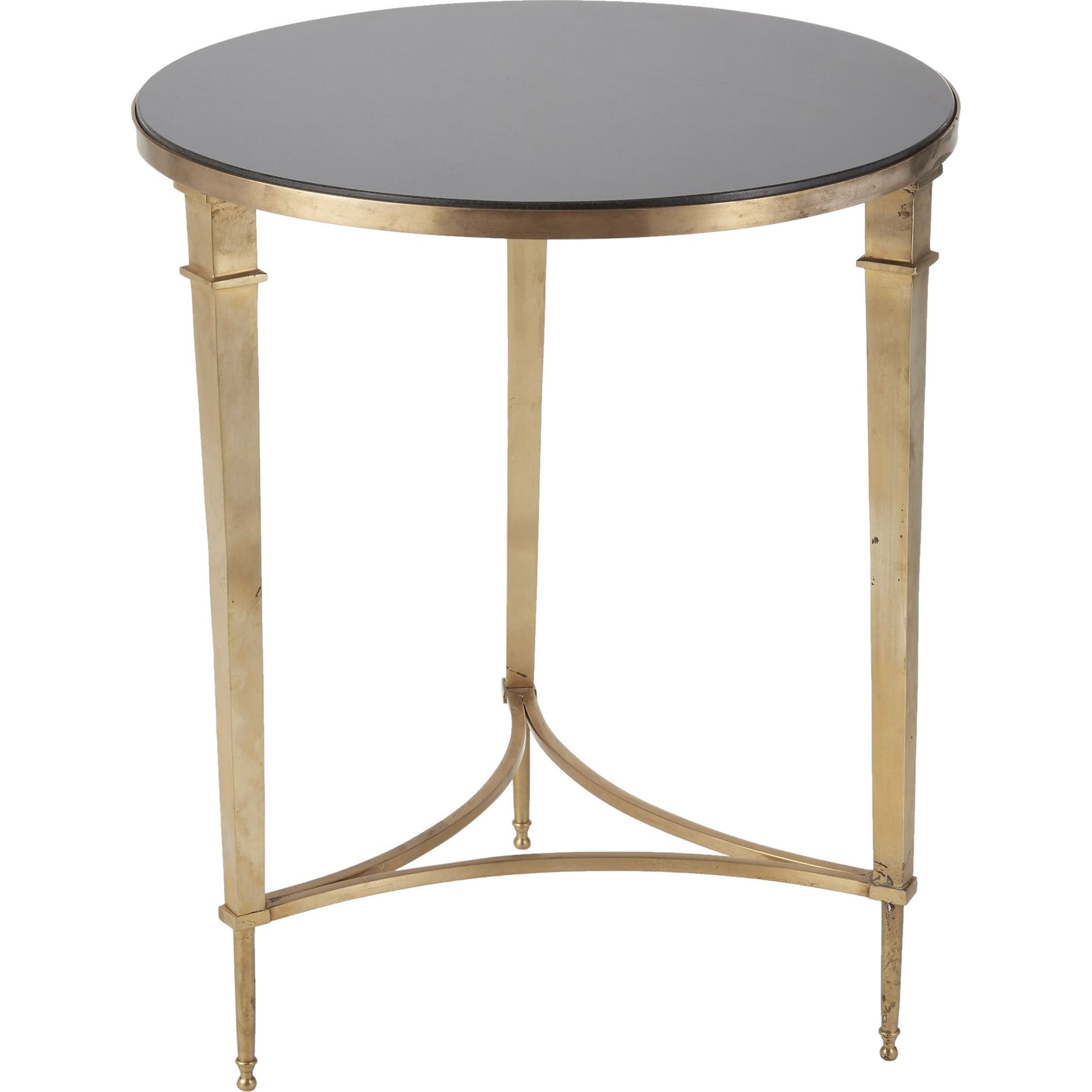 Round French Square Leg Table by Global Views in brass. Made from brass, granite in a transitional style.
