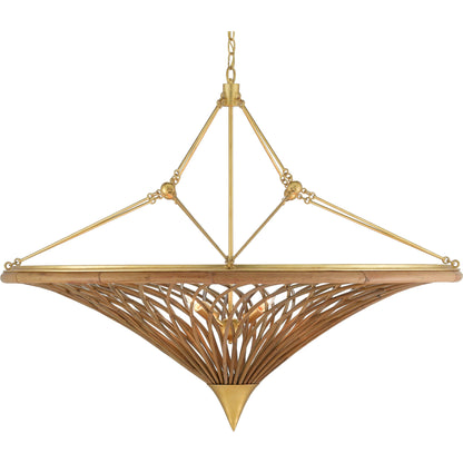 Gaborone Chandelier by Currey and Company in natural, contemporary gold leaf. Made from rattan, wrought iron in a modern style.