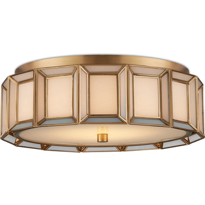 Daze Flush Mount by Currey and Company in antique brass, white. Made from brass, hand-painted glass, metal in a traditional style.