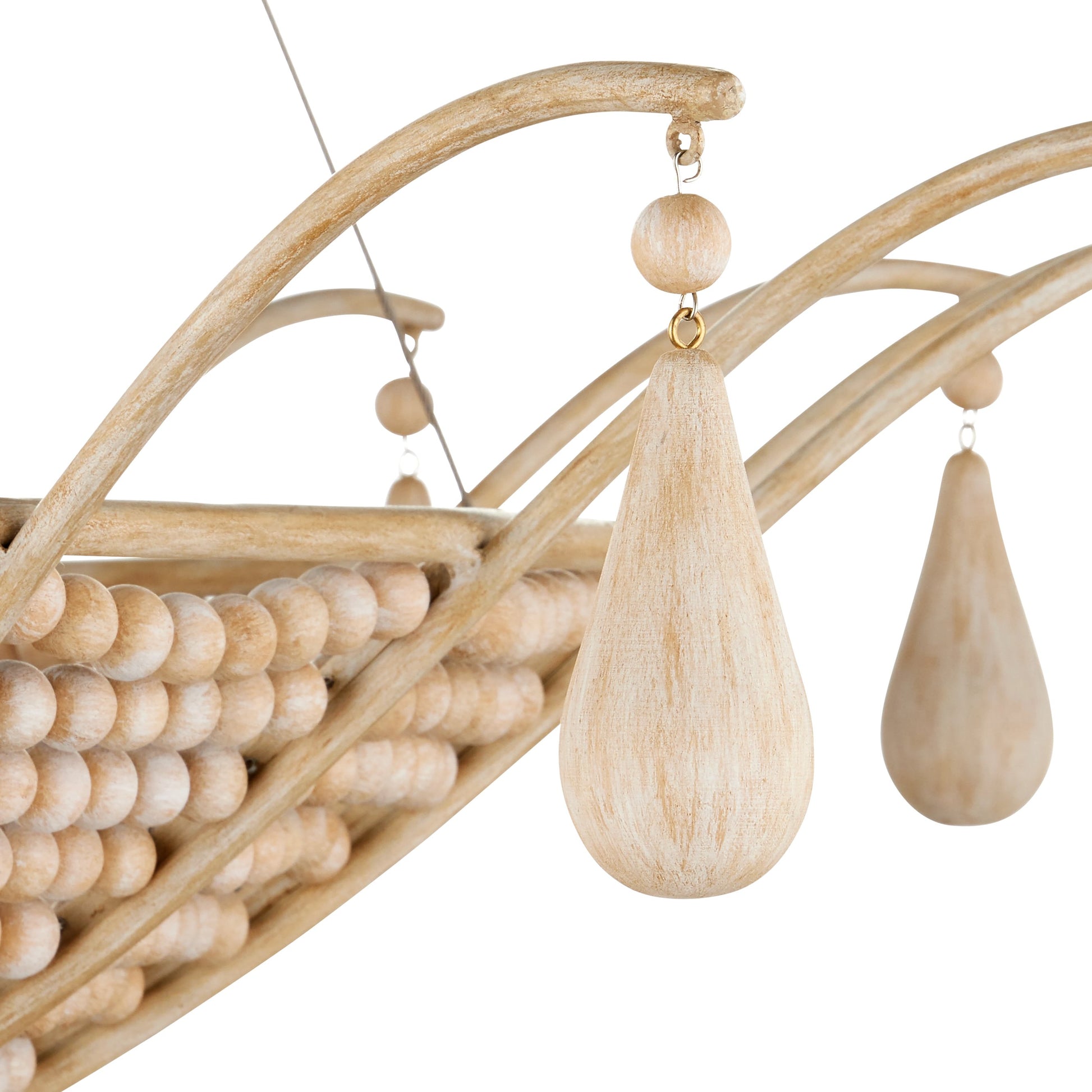 Korg Chandelier by Currey and Company in sandstone. Made from wood beads, wrought iron in a cottage & farmhouse style.