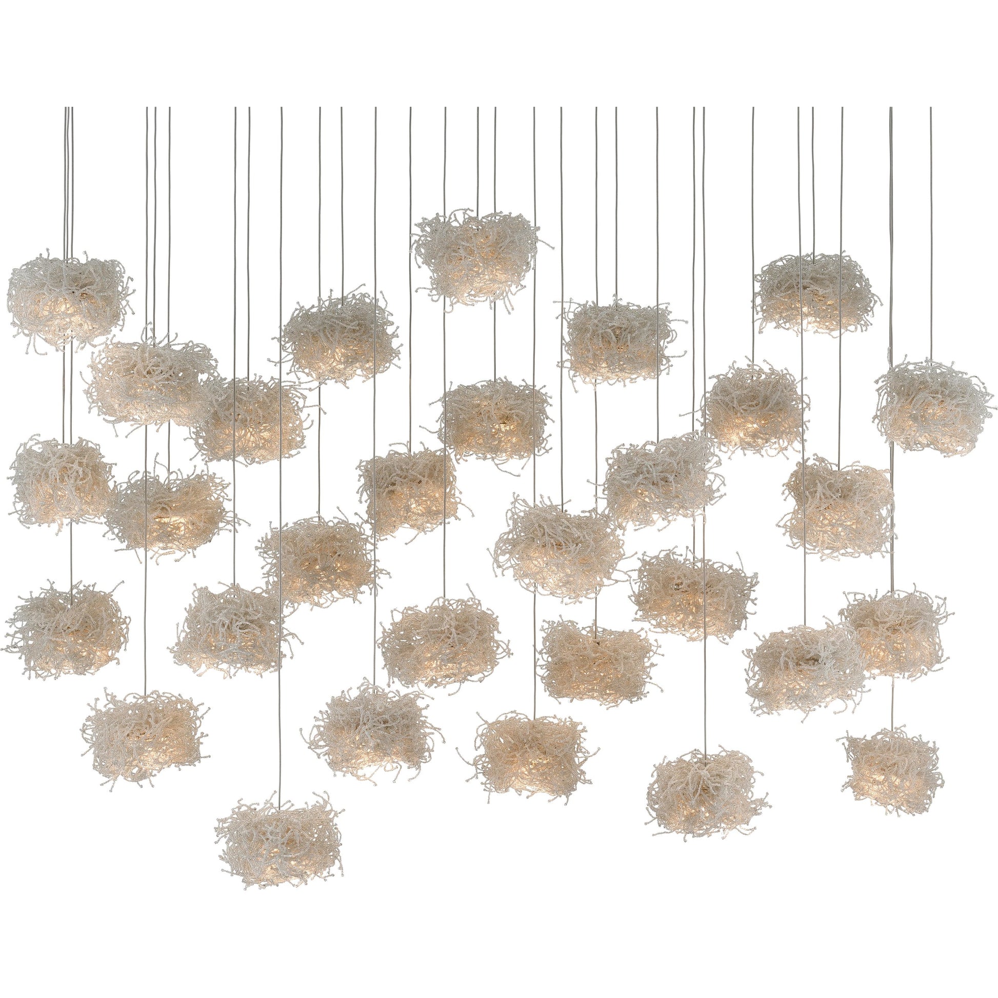 Birds Nest Linear 30-LIGHT Multi-Drop Pendant by Currey and Company in painted silver, clear. Made from metal, glass bead in a modern style.