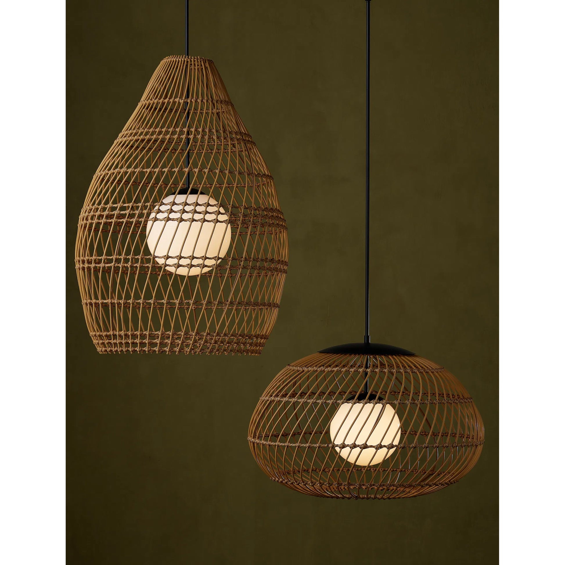 Fishtrap Outdoor Pendant by Currey and Company in natural, black, frosted white. Made from all-weather wicker, metal, glass in a unique style.
