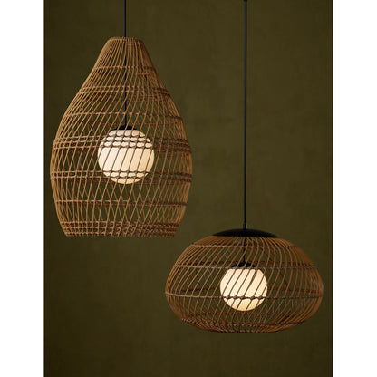Fishtrap Outdoor Pendant by Currey and Company in natural, black, frosted white. Made from all-weather wicker, metal, glass in a unique style.