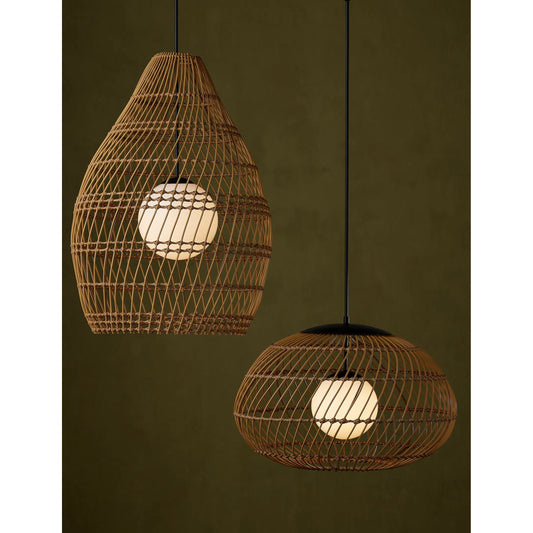 Fishtrap Outdoor Pendant by Currey and Company in natural, black, frosted white. Made from all-weather wicker, metal, glass in a unique style.