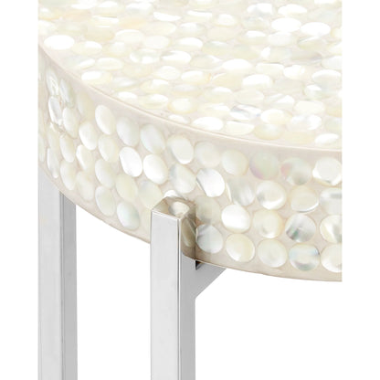Gerri Dot Mother of Pearl Drinks Table by Currey and Company in natural, polished nickel. Made from mother of pearl, stainless steel, engineered wood in a modern style.