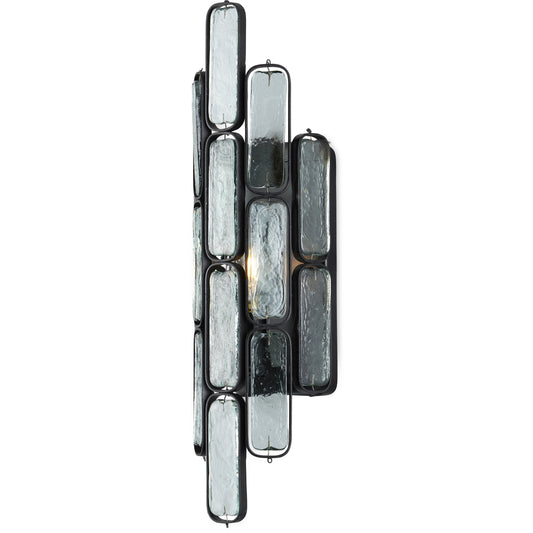 Centurion Recycled Glass Wall Sconce by Currey and Company in clear, satin black. Made from recycled glass, wrought iron in a traditional style.