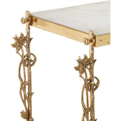 Fiore Console Table by Currey and Company in polished brass, natural. Made from brass, white marble in a modern style.