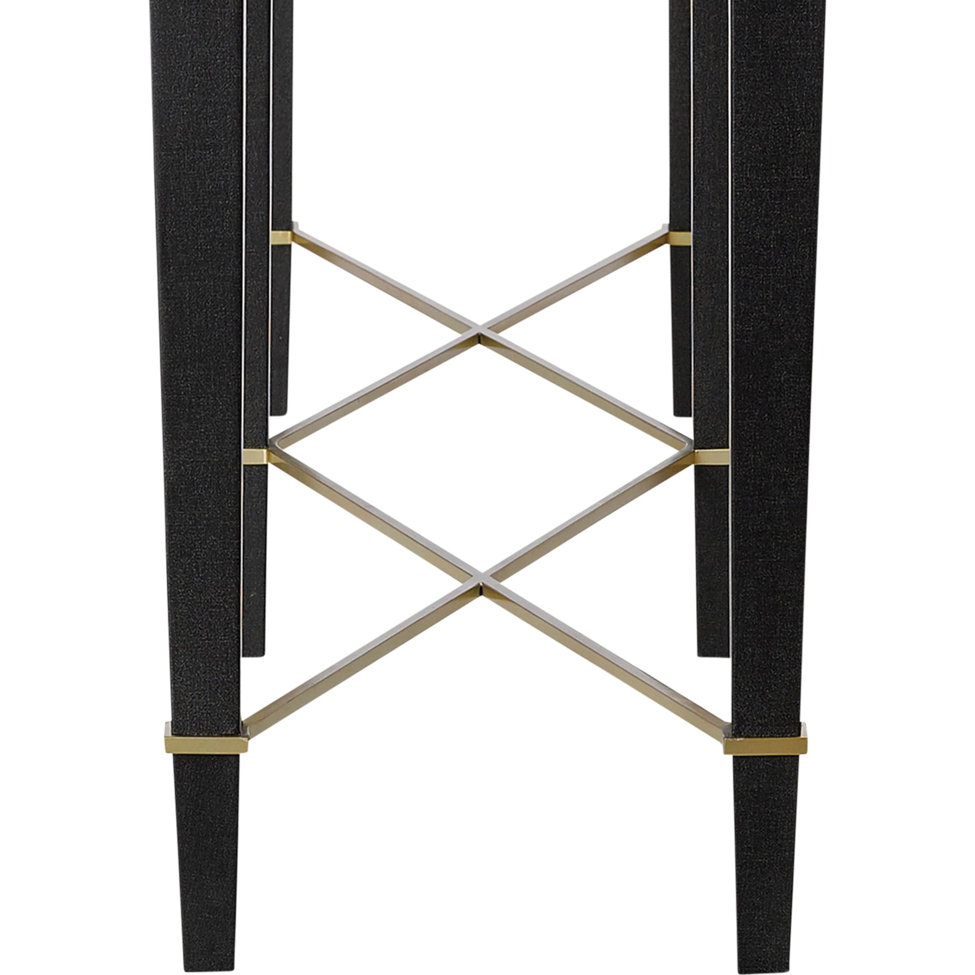 Verona Console Table by Currey and Company in black lacquered linen, champagne metal. Made from black lacquered linen, solid wood, engineered wood, metal in a modern style.
