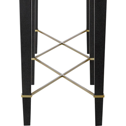 Verona Console Table by Currey and Company in black lacquered linen, champagne metal. Made from black lacquered linen, solid wood, engineered wood, metal in a modern style.
