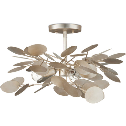 Lunaria Semi-Flush Mount by Currey and Company in contemporary silver leaf. Made from wrought iron in a modern style.