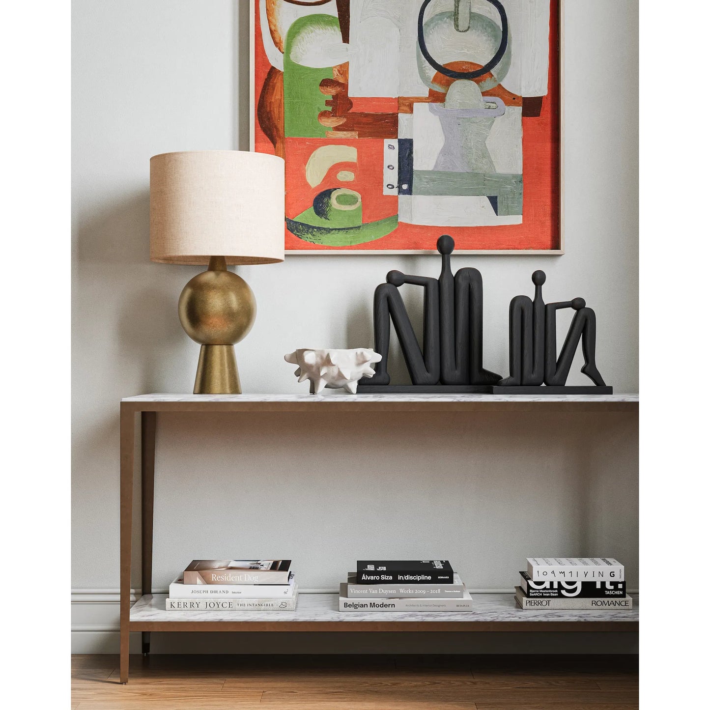 007 SI-2387119 | Lifestyle | Oblique Marble Console Table by Currey and Company in natural, antique brass. Made from white lilac marble, iron, engineered wood in a modern style.