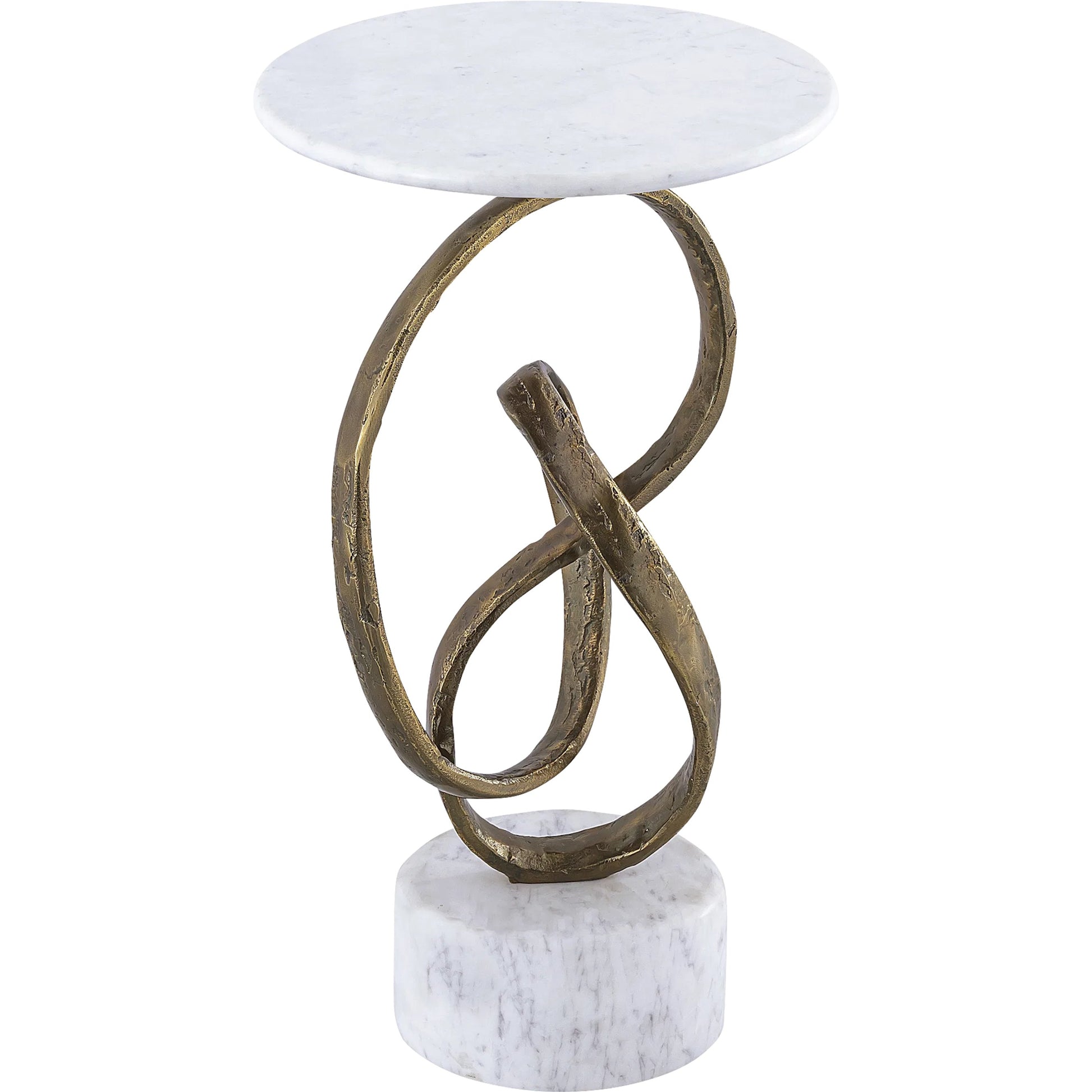 Ruban Accent Table by Currey and Company in antique brass, natural. Made from cast aluminum, marble in a modern style.