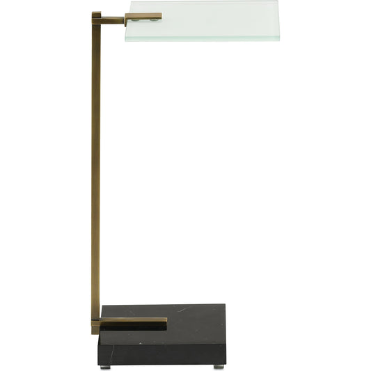 Neil Drinks Table by Currey and Company in antique brass, black. Made from brass, marble, tempered glass in a modern style.