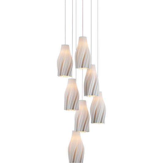 Posh 7-Light Multi-Drop Pendant by Currey and Company in white, silver. Made from ceramic, metal in a unique style.