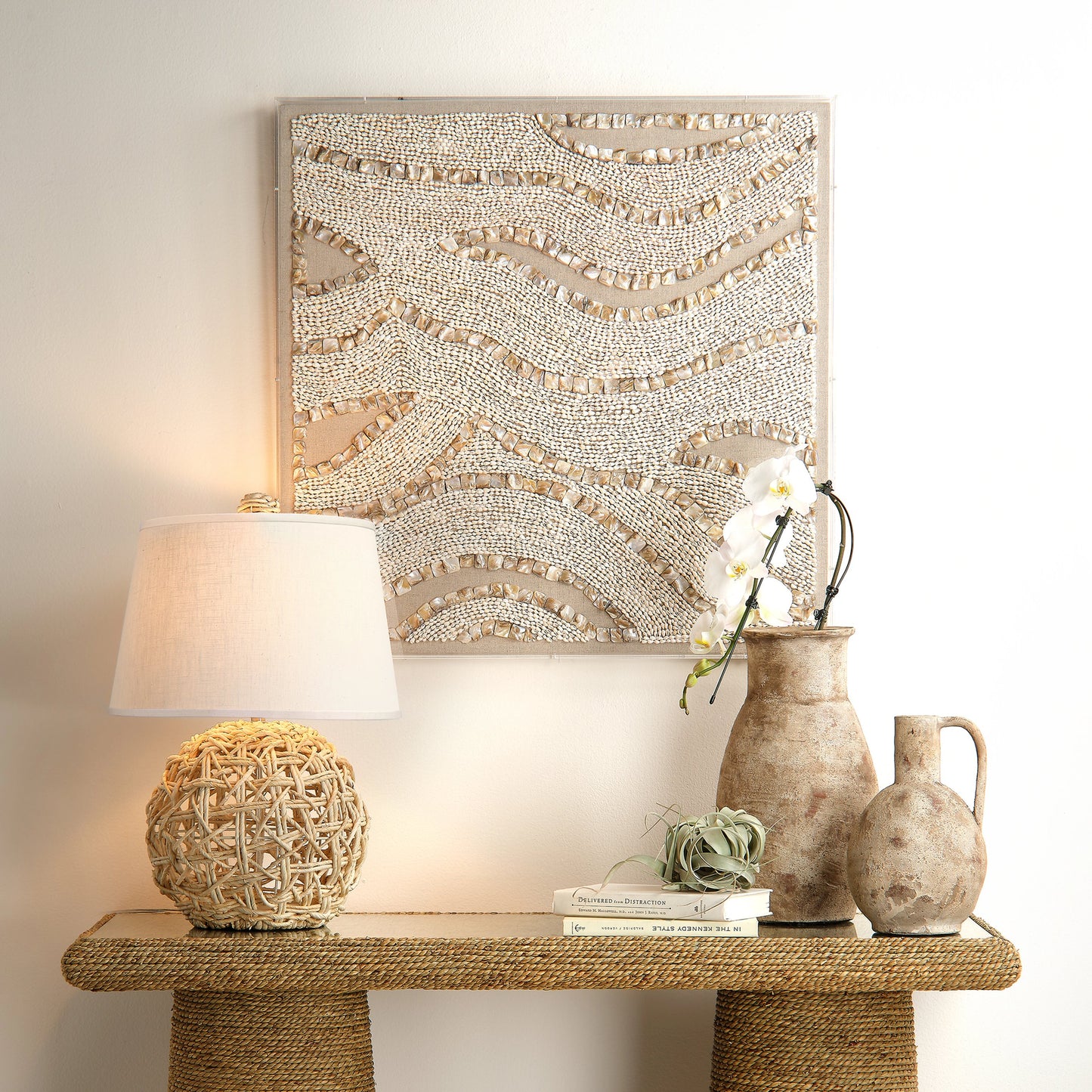 007 SI-1961189 | Lifestyle | Big Wave Shell Wall Art by Jamie Young in natural, off-white. Made from shells, linen, acrylic & mdf in a cottage & farmhouse style.