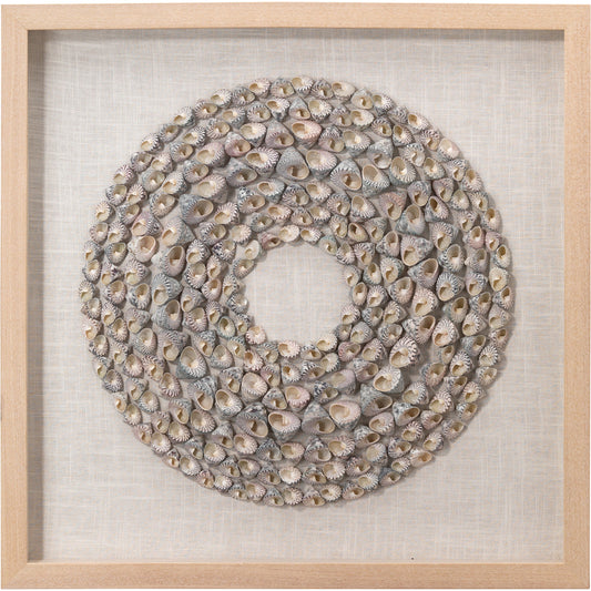 Bora Bora Framed Wall Art by Jamie Young in off white. Made from shells (screw), linen, pine wood, mdf (backing) in a coastal style.