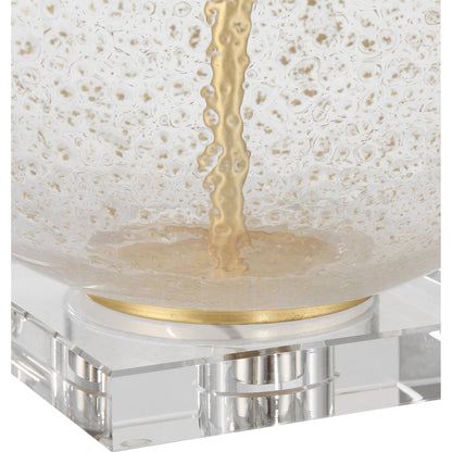 Zebulon Round Table Lamp by Currey and Company in clear with gold speckles, contemporary gold leaf. Made from glass, optic crystal, meta in a modern style.