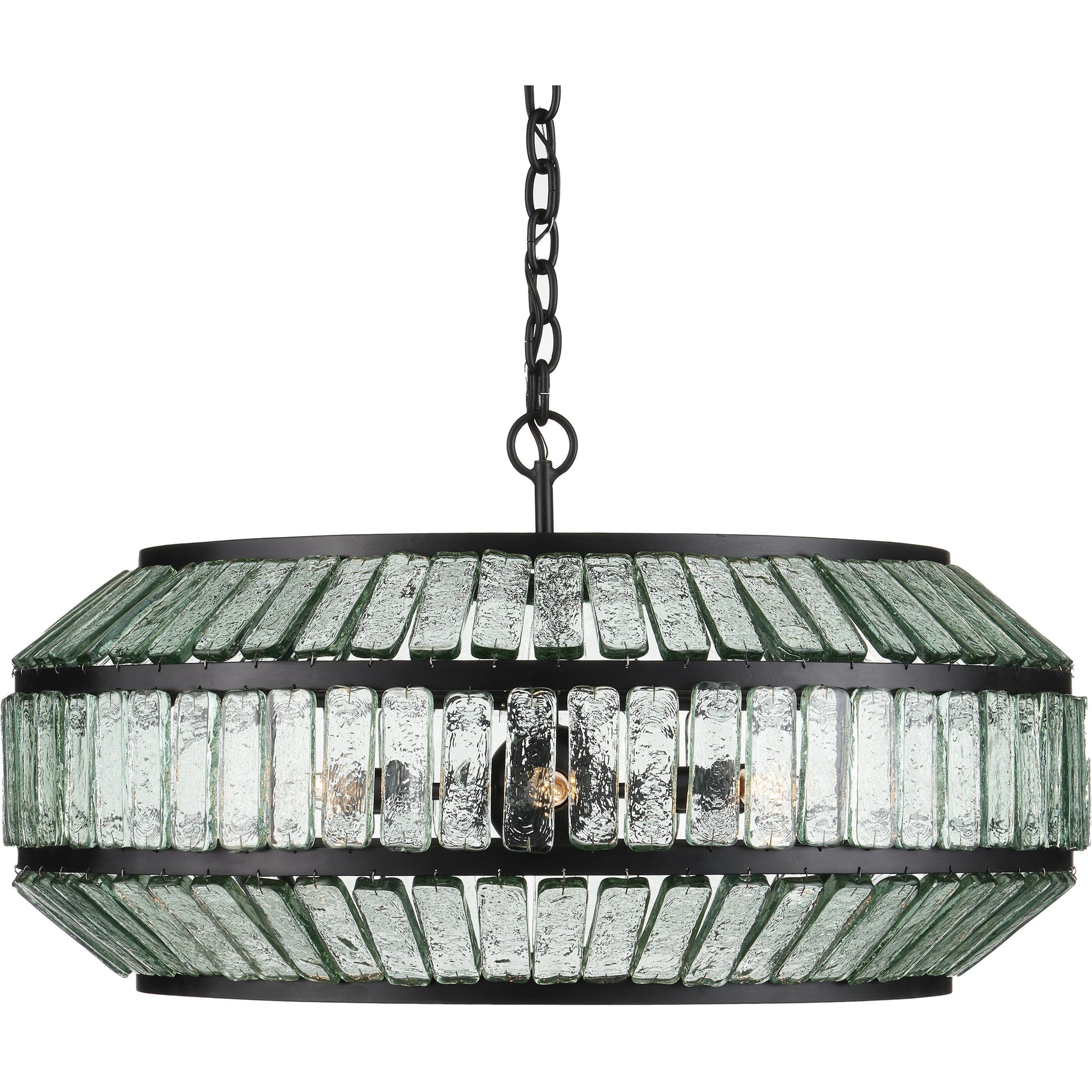 Centurion Recycled Glass Chandelier by Currey and Company in clear, satin black. Made from recycled glass, wrought iron in a traditional style.