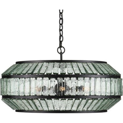 Centurion Recycled Glass Chandelier by Currey and Company in clear, satin black. Made from recycled glass, wrought iron in a traditional style.