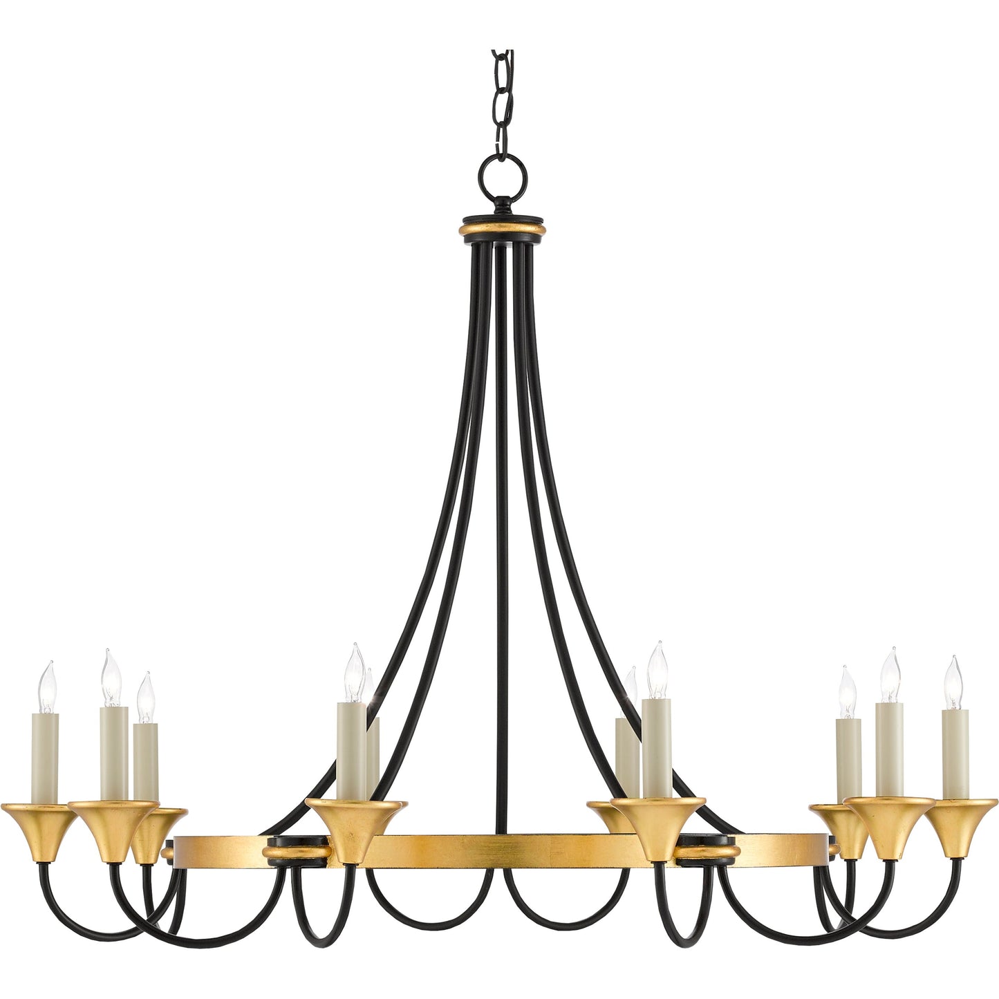 009 SR-381161 | Primary Silo | Hanlon Chandelier by Currey and Company in washed black, contemporary gold leaf. Made from metal in a transitional style.