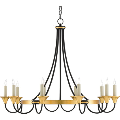 Hanlon Chandelier by Currey and Company in washed black, contemporary gold leaf. Made from metal in a transitional style.