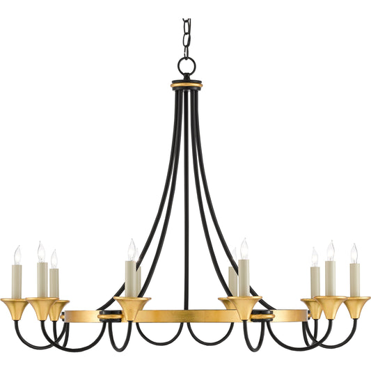 Hanlon Chandelier by Currey and Company in washed black, contemporary gold leaf. Made from metal in a transitional style.