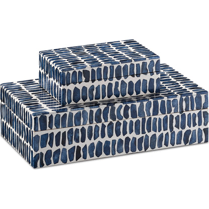Indigo Box Set by Currey and Company in navy, white, natural. Made from bone, sheesham wood, composite in a coastal style.