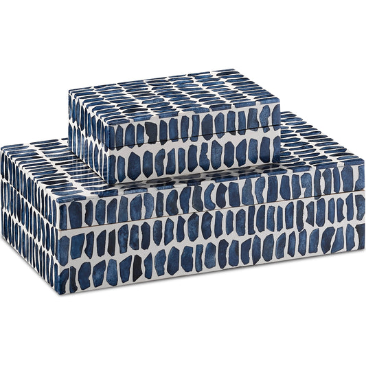Indigo Box Set by Currey and Company in navy, white, natural. Made from bone, sheesham wood, composite in a coastal style.