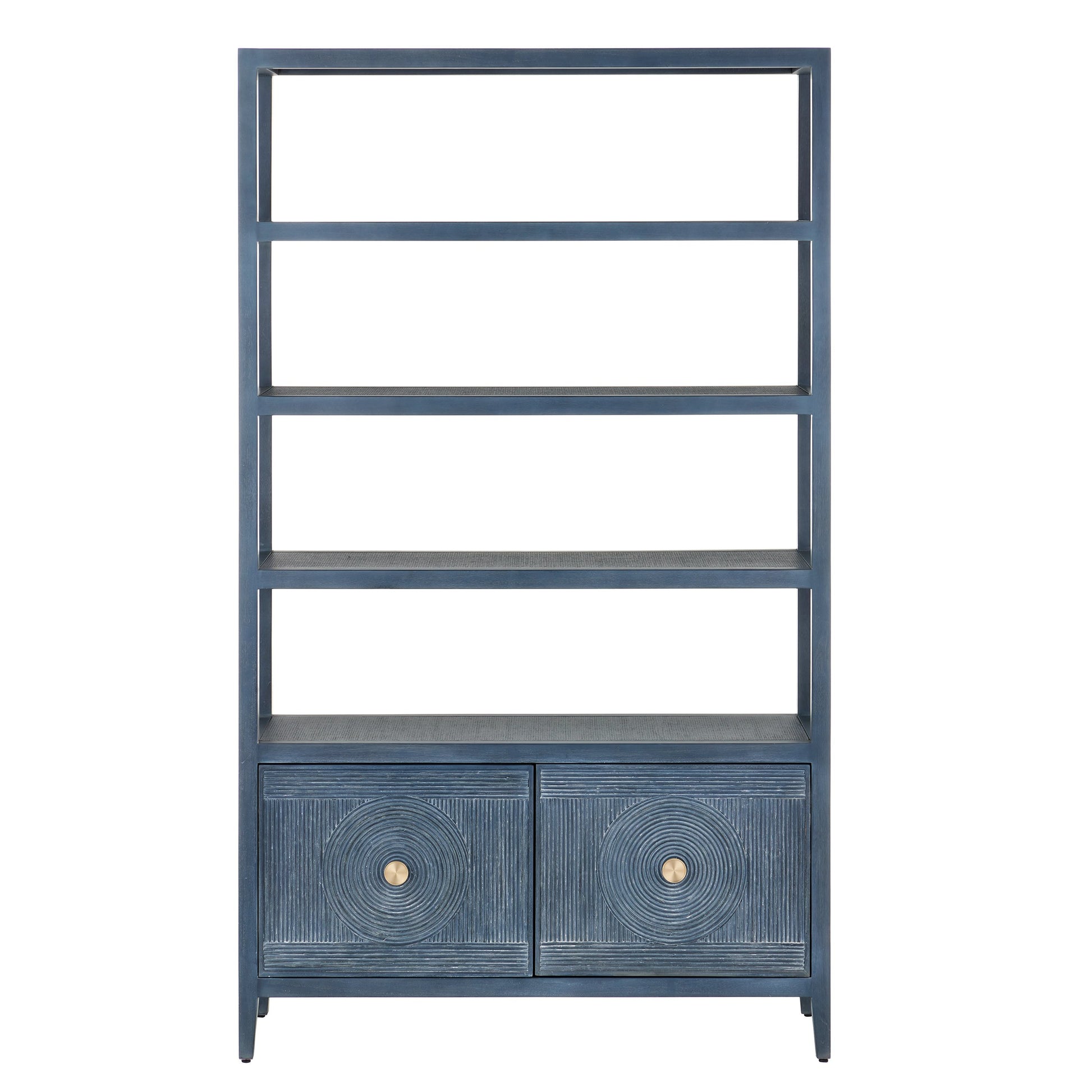 Santos Storage Etagere by Currey and Company in vintage navy, brushed brass. Made from rattan, mahogany, grasscloth, brass in a transitional style.