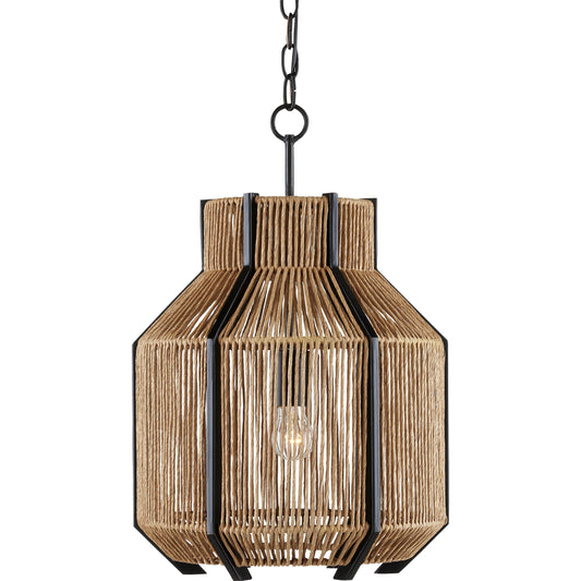Mali Pendant by Currey and Company in satin black, natural. Made from wrought iron, kraft paper twine in a coastal style.