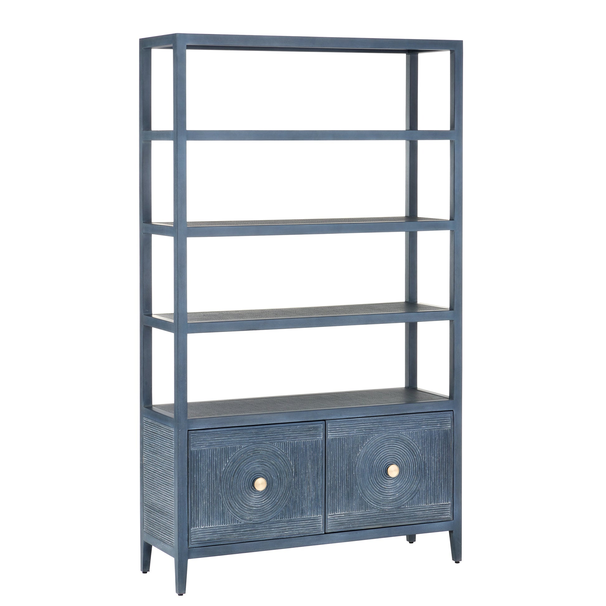 Santos Storage Etagere by Currey and Company in vintage navy, brushed brass. Made from rattan, mahogany, grasscloth, brass in a transitional style.