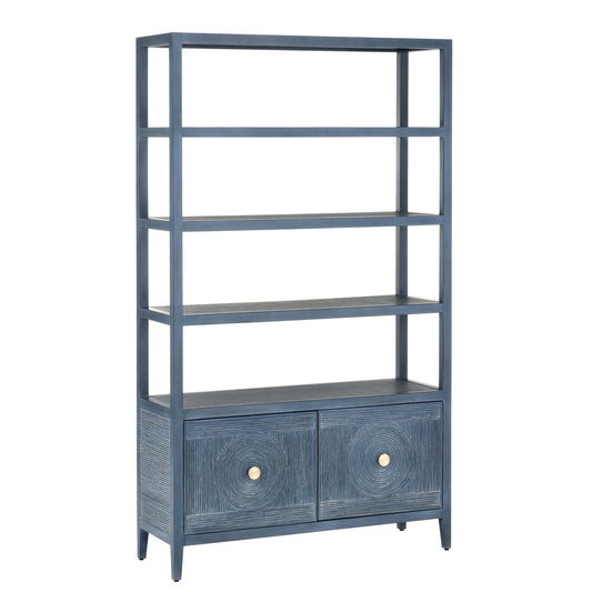 Santos Storage Etagere by Currey and Company in vintage navy, brushed brass. Made from rattan, mahogany, grasscloth, brass in a transitional style.