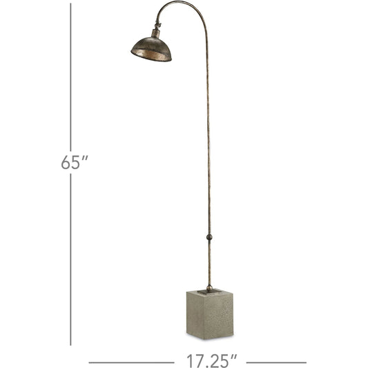 Finstock Floor Lamp by Currey and Company in pyrite bronze, polished. Made from wrought iron, concrete in a modern style.