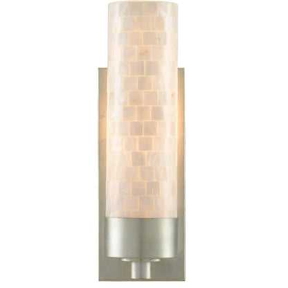 Abadan Wall Sconce by Currey and Company in pearl, silver leaf. Made from mother of pearl, glass, metal in a coastal style.