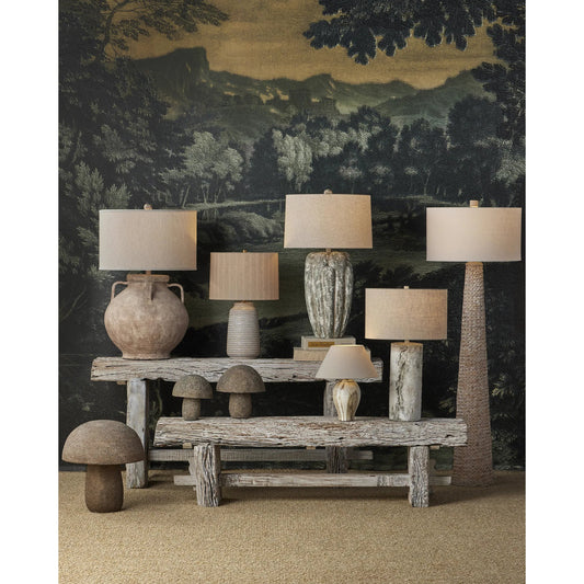 Owen Table Lamp by Currey and Company in off-white, light brown, antique brass. Made from ceramic in a unique style.