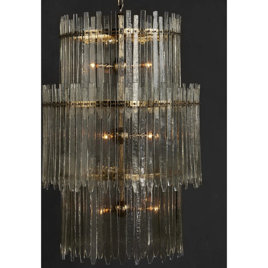 Electra Three-Tier Chandelier by Currey and Company in clear, antique brass. Made from glass, iron in a unique style.