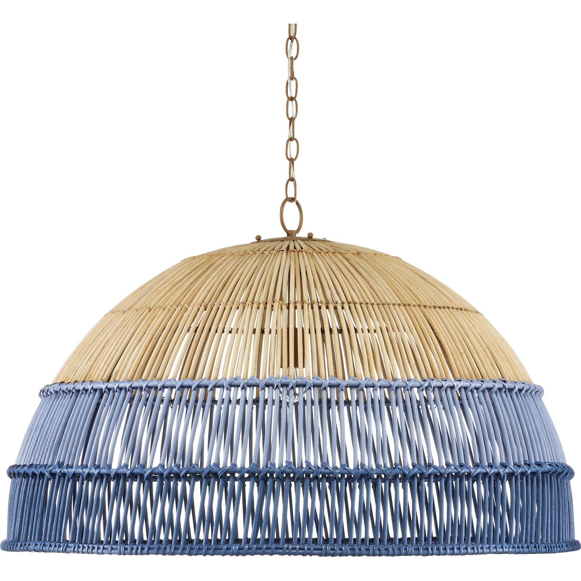 Senjyo Pendant by Currey and Company in khaki, cornflower blue, bluebonnet. Made from wrought iron, rattan in a coastal style.