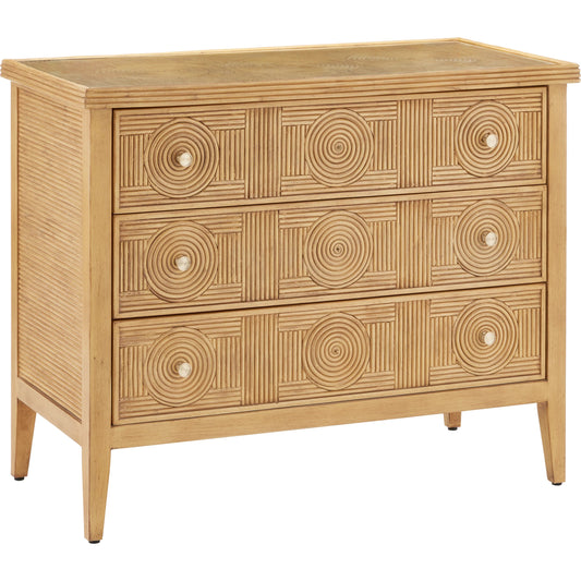 Santos 3-Drawer Chest by Currey and Company. Made from rattan, mahogany, glass, brass in a modern style.