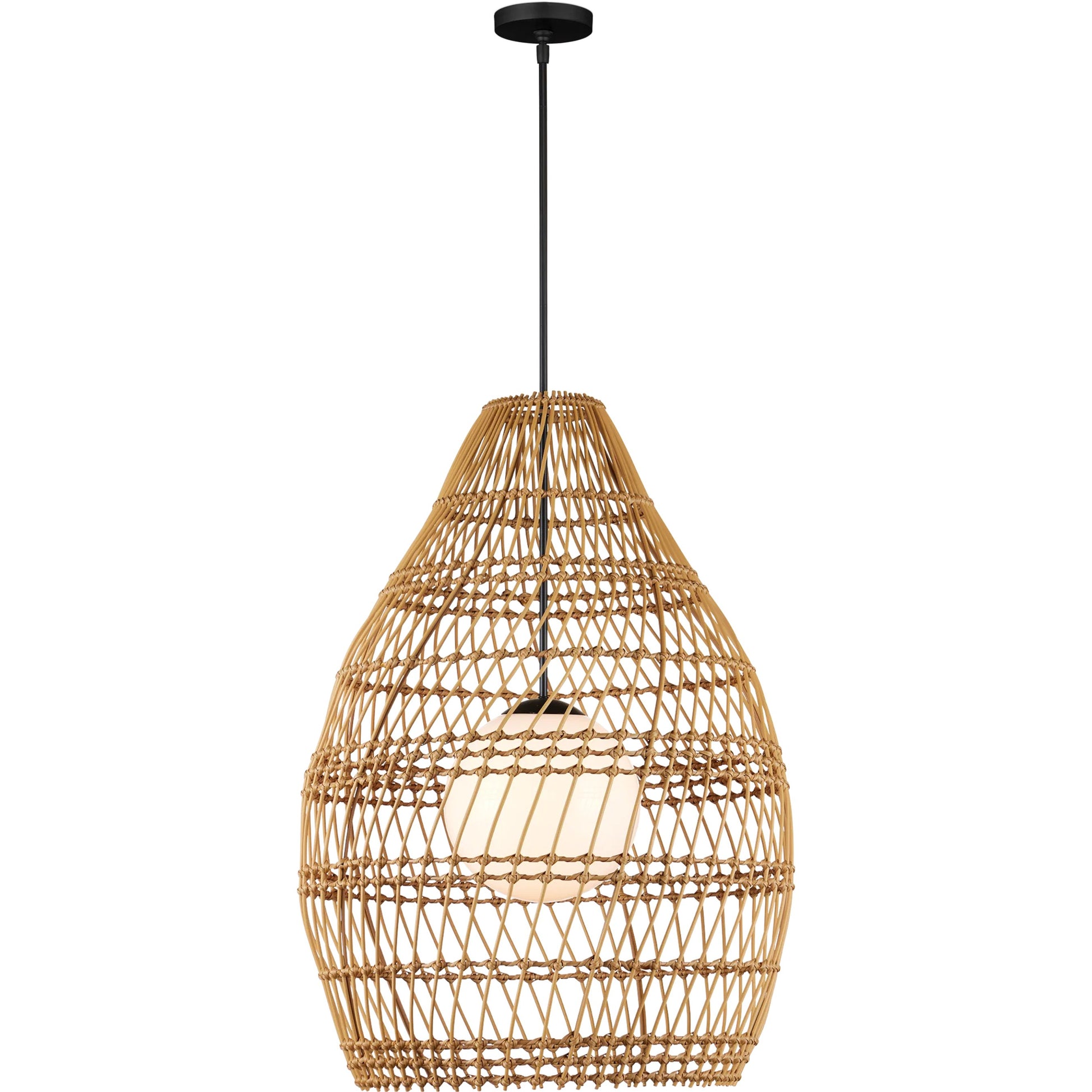 Fishtrap Outdoor Pendant by Currey and Company in natural, black, frosted white. Made from all-weather wicker, metal, glass in a unique style.